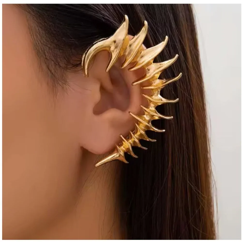 Gold Tone Spike Skeleton Ear Cuff Gothic Punk Thorn Clip On Earring Jewelry